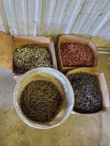 Pail of 16d nails 3 boxes of pole barn nails red white and blue