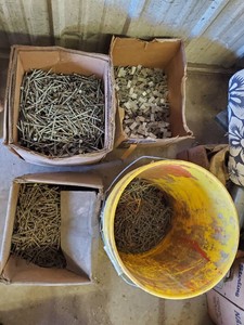 Pail of casing nailsbox of 8d nailsaluminum plywood clips and grey pole barn nails
