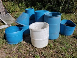 Plastic barrels and  12 barrels that were used as tomato planters