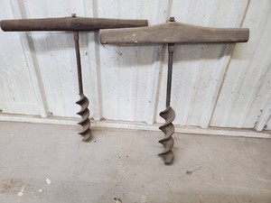 2 antique T handle augerhand drill