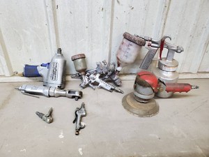 Air tool lot includes HVLP paint guns impact gunair ratchetsander
