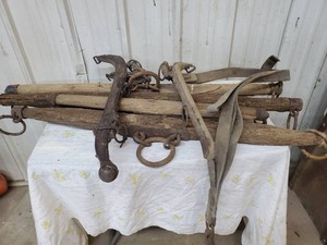 Lot of horse collars and eveners