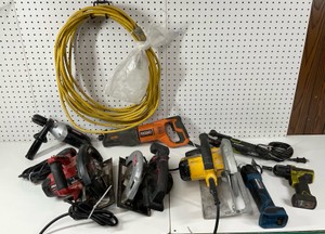 Hercules Osicilating Multi Tool, Snap On Impact Driver, Hyper Tough Circular Saw, Rockwell Angel Tool, Yellow Extension Cord, Dewalt Circular Saw, Skill Circular Saw