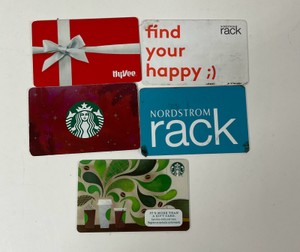 5 Gift Cards worth $70 Value - $50 Nordstrom Rack, $10 Hyvee, $10 Starbucks