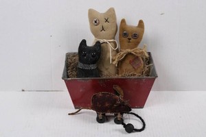 Fabric Cat Figures, Metal Planter & Wheeled Mouse Mixed Lot