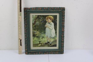 Child and Birds Framed Art Print - Ornate Teal Decorative Frame 17.5 x 14.5