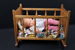 Wooden Doll Cradle With Bedding & 17-Inch Doll