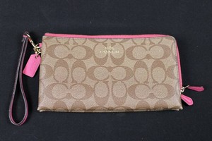 Coach Signature Canvas Pink Trim Zip Wristlet Wallet