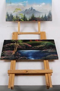 Pair of Painted Landscape Panels 17 x 8.5 on Wooden Easel 33