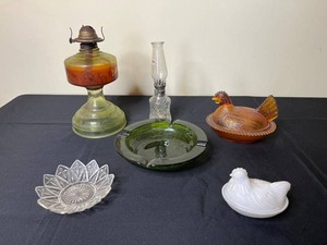 Vintage Glass Collectibles Mixed Lot - Oil Lamp, Ashtray & Hen Dishes