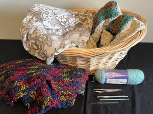 Crochet & Knitting Supplies Mixed Lot - Yarn, Hooks & Handmade Textiles in Wicker Basket
