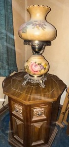 Table Lamp - Floral Painted Glass Shade & Ornate Base on VTG Cabinet