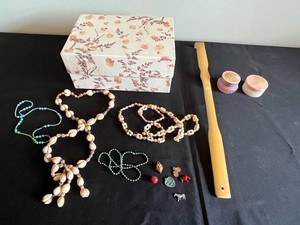 Costume Jewelry Mixed Lot - Shell Beads, Charms & Trinket Box