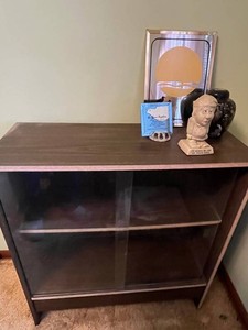 Display Cabinet - Decorated Vase, Religious Bust & Framed Panel