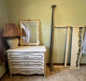 Bedroom Furniture Mixed Lot - Dresser, Lamp, Bed Frame & Mirror - Items in Bottom Drawer Inc