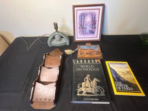 Mixed Decor & Book Lot - VTG Ceramic Lamp Base, Artwork & Larousse Mythology