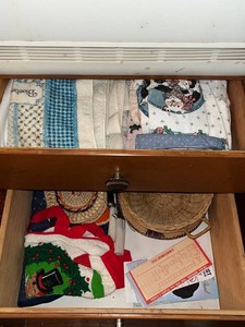 Mixed Lot - Woven Baskets, Vintage Textiles, Linens & Serving Utensils