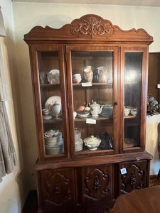 China Cabinet - Ornate Walnut Carved Crest Glass Display Cabinet Only
