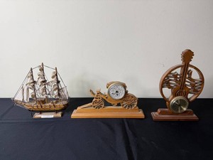 VTG Decorative Clocks & Sailboat Model Mixed Lot - Wooden Carved Designs