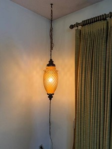 Hanging Light Fixture - Vintage Amber Pressed Glass Pendant