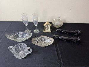 Glassware & Home Decor Mixed Lot - Cut Glass, Clock (untested) & Panthers