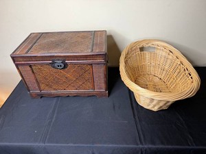 Wicker Laundry Basket & VTG Rattan Storage Chest Mixed Lot
