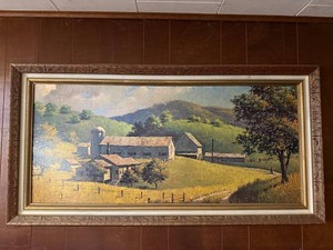 Framed Landscape Painting - Rural Farmstead in Ornate Carved Wood Frame