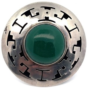 MADE IN MEXICO Green Chalcedony Cabochon Aztec Navajo PinBrooch VIDEO