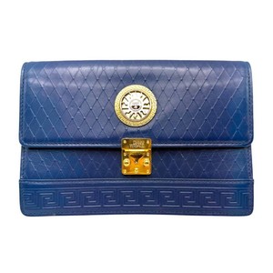 Gianni Versace Blue Leather Medusa Clutch Handbag Pre-Owned Retail $650