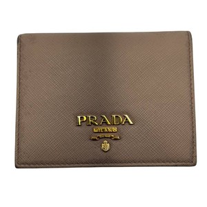Prada Saffiano Leather Compact Wallet in Taupe w Gold-Tone Logo Retail $595