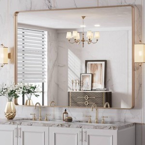 $320 LOAAO 48X36 Gold Bathroom Mirror, Rounded Rectangle Gold Frame Mirror, Brushed Gold Bathroom Vanity Mirror Wall-Mounted, Anti-Rust, Tempered Glass, Hangs Horizontally or Vertically