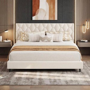 $190 Garvee Platform Bed Frame With Adjustable Upholstered Headboard, Wooden Slats Support, Triangular Feet, California king size, Modern Grey