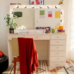$130 Boahaus Luna Vanity Desk with Framed Bulb Mirror   8 Drawer Integrated Maxi Makeup Station