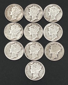 Lot of 10 Mercury Dimes (Various Years)