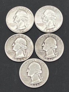 90% Silver Lot of Washington Quarters - 1964, 1945, 1940, 1936