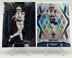 Lot of 2 Drake Maye Football Cards Including 2024 Panini Select Turbocharged RC Rookie Card #24 and 2025 Panini Phoenix Refractor #111