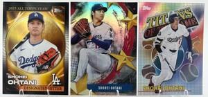 Lot of 3 Shohei Ohtani Baseball Cards Including 2025 Topps Stars Of The MLB #SMLB-77, 2026 Topps Titans of The Game #TOG-1, and 2025 All Topps Team #ATT-9