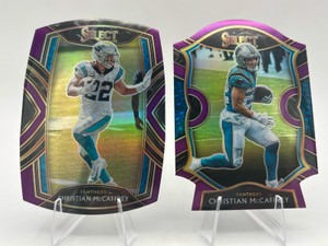 Lot of 2 Christian McCaffery Football Cards Including 2020 Panini Select Concourse Purple Prizm Die-Cut #7 and 2020 Panini Select Club Level Purple Die-Cut Prizm #207