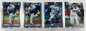 Lot of 4 Baseball Cards Including 2020 Bowman Chrome Hidden Finds Max Muncy Refractor #HF-MM, 2026 Topps Chrome 35th Anniversary Mookie Betts Refractor #91CB-8, and Two 2026 Bowman Chrome Roki Sasaki Mojo Refractor Cards #63