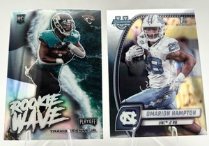 Lot of 2 Football Cards Including 2024 Bowman University Chrome Omarion Hampton 1st Bowman #198 and 2021 Panini Playoff Rookie Wave Travis Etienne Jr. RC #RW-TET
