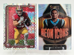 Lot of 2 Football Cards Including 2025 Panini Select Neon Icons Silver Prizm Tetairoia McMillan RC Rookie Card #1 and 2025 Topps Chrome Christain McCaffrey X-Fractor #263