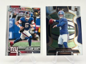 Lot of 2 Jaxson Dart Football Cards including 2025 Panini Select Concourse RC Rookie Card #93 and 2026 Topps Flagship Football Future Stars #266