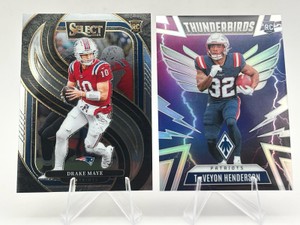 Lot of 2 Football Cards Including 2024 Panini Select Premier Level Drake Maye RC Rookie Card #113 and 2025 Panini Phoenix Thunderbirds TreVeyon Henderson RC #36
