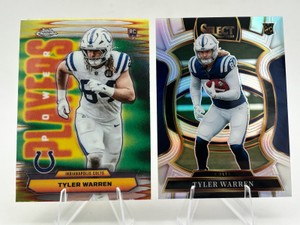 Lot of 2 Football Cards Including 2025 Topps Chrome Tyler Warren Power Players RC #PP-35 and 2025 Panini Select Tyler Warren Concourse RC #33