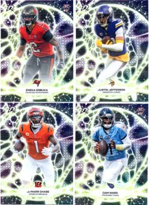 Lot of 4 Football Cards Including 2025 Topps Resurgence Protonyx Emeka Egbuka RC #PT-11, Justin Jefferson #PT-24, JaMarr Chase #PT-18, and Cam Ward RC #PT-1