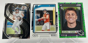 Lot of 3 Bo Nix Rookie Cards including 2024 Panini Select Premier Level #117 RC, 2024 Panini Donruss Rated Rookie #369, and 2024 Panini Score-A-Treat Rising Stars #4 RC