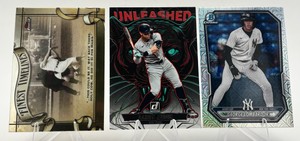 Lot of 3 Baseball Cards including Panini Donruss Unleashed Aaron Judge #3, Bowman Chrome George Lombard Jr. Mojo Refractor #BCP-64, and Topps Finest Finest Timelines Roger Maris #FT-4