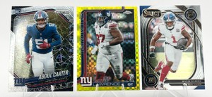 Lot of 3 New York Giants Football Cards including 2024 Panini Select Malik Nabers RC #220, 2025 Topps Chrome Dexter Lawrence Gold X-Fractor #238, and 2025 Panini Prizm Abdul Carter Laser RC #394