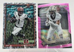 Lot of 2 Football Cards Including 2025 Panini Prizm Pink Wave Prizm Chris Olave #192 and 2026 Topps 35th Anniversary Silver Crackle JaMarr Chase #91TF-23