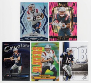 Lot of 5 New England Patriots Football Cards including Topps Chrome Power Players Drake Maye Refractor #PP-10, 2025 Topps Signature Class Tom Brady #33, and More